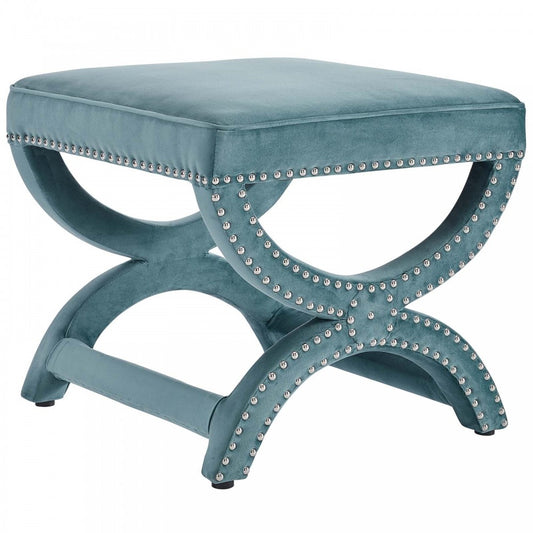 Expound Upholstered Nailhead Trim Performance Velvet Ottoman, Sea Blue