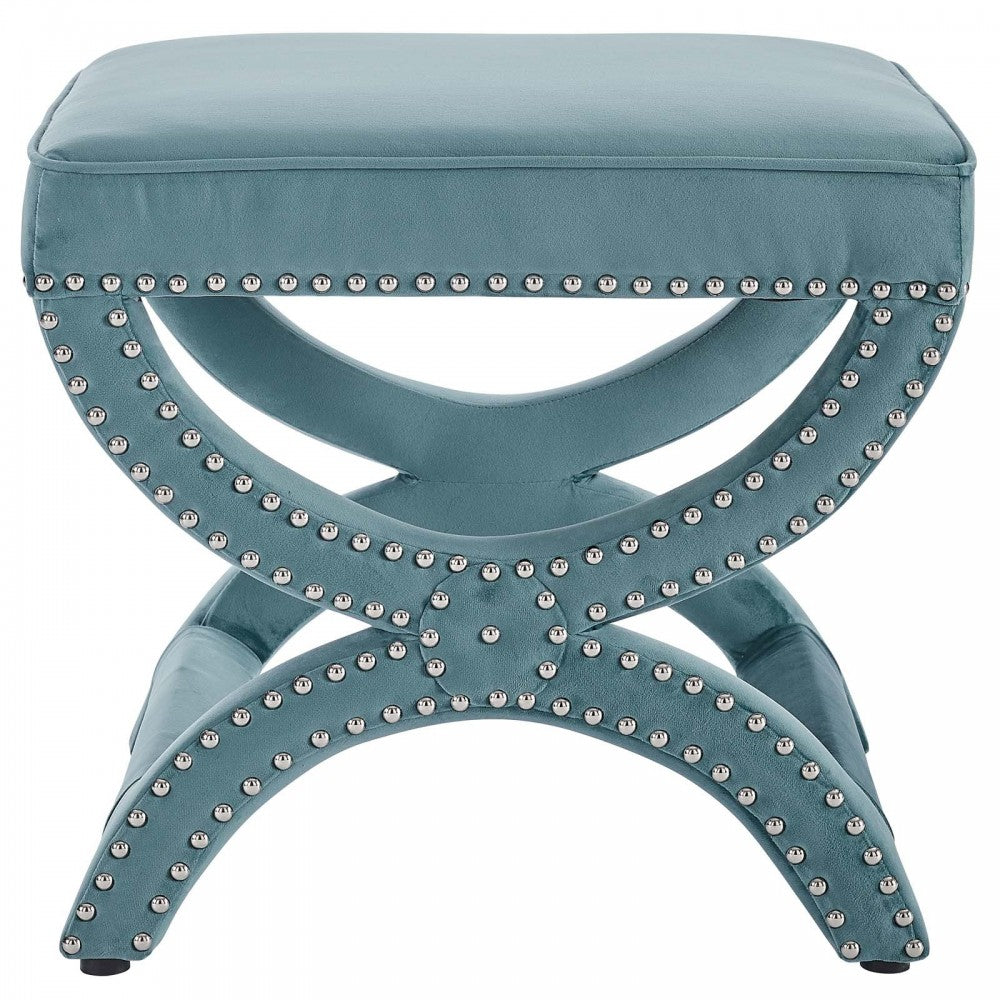 Expound Upholstered Nailhead Trim Performance Velvet Ottoman, Sea Blue