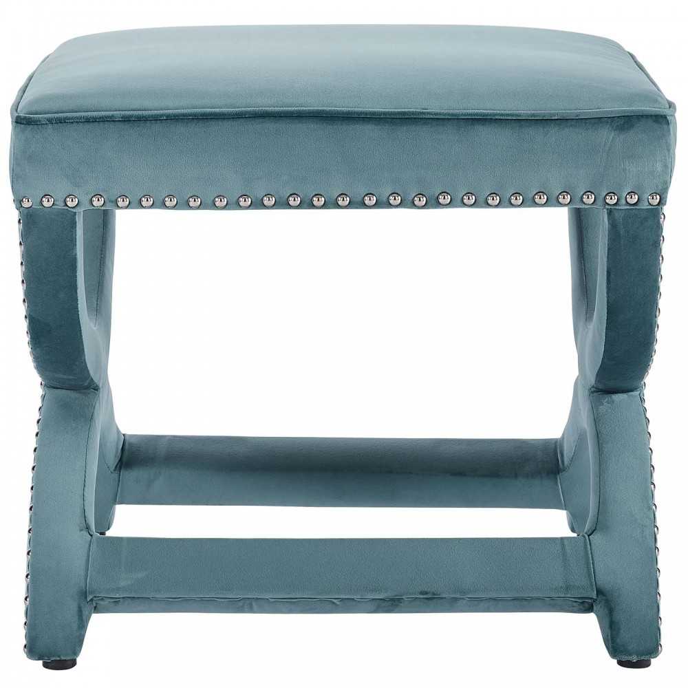 Expound Upholstered Nailhead Trim Performance Velvet Ottoman, Sea Blue