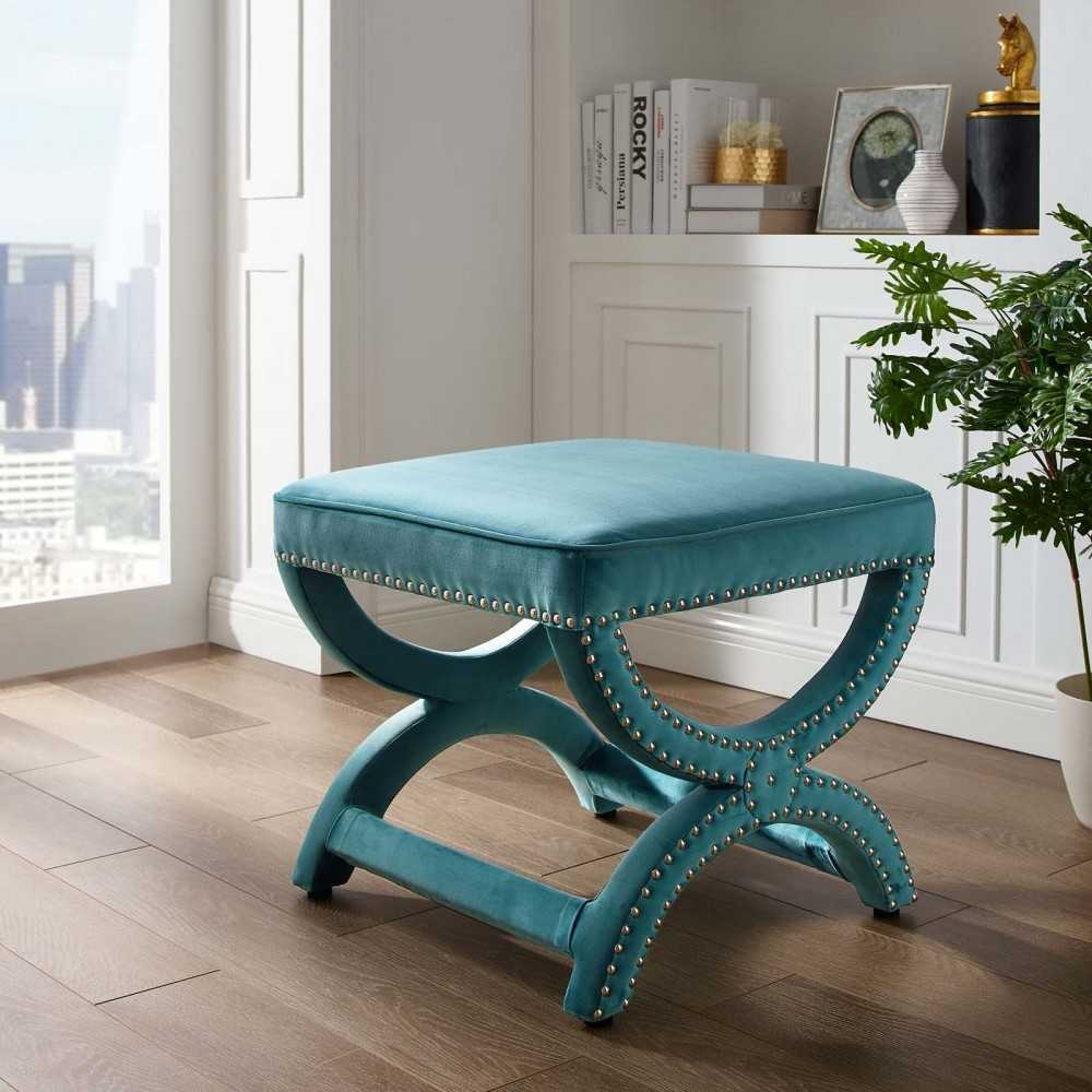 Expound Upholstered Nailhead Trim Performance Velvet Ottoman, Sea Blue
