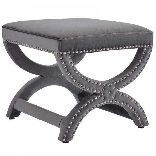 Expound Upholstered Nailhead Trim Performance Velvet Ottoman, Gray