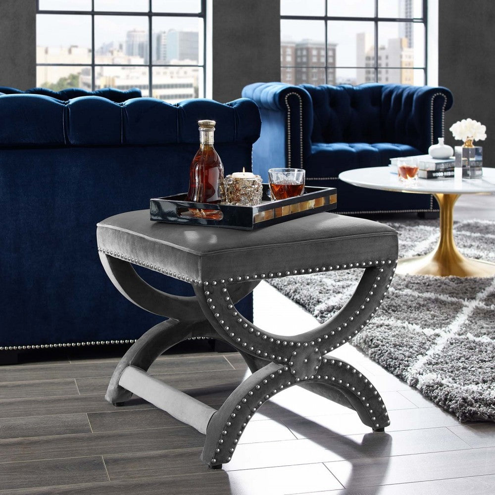 Expound Upholstered Nailhead Trim Performance Velvet Ottoman, Gray