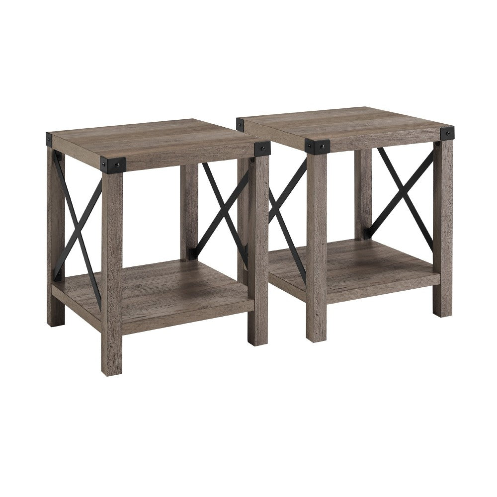 Farmhouse 2-Piece Metal-X Side Tables with Lower Shelf - Gray Wash