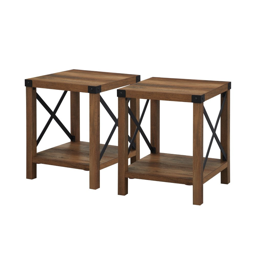 Farmhouse 2-Piece Metal-X Side Tables with Lower Shelf - Rustic Oak