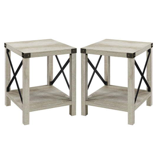 Farmhouse 2-Piece Metal-X Side Tables with Lower Shelf - White Oak