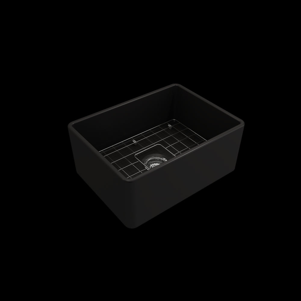 Farmhouse Apron Front Fireclay 24 in. Single Bowl Kitchen Sink with Protective Bottom Grid and Strainer in Matte Black