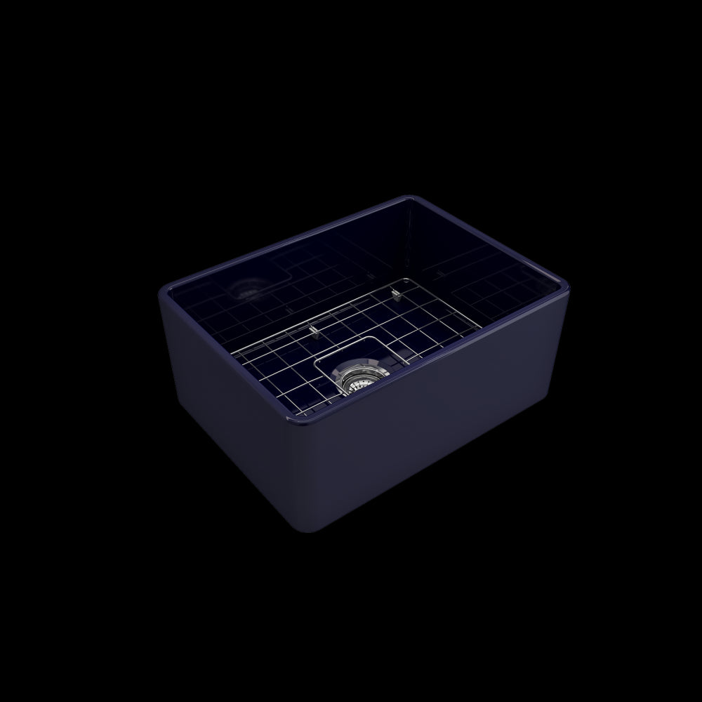 Farmhouse Apron Front Fireclay 24 in. Single Bowl Kitchen Sink with Protective Bottom Grid and Strainer in Sapphire Blue