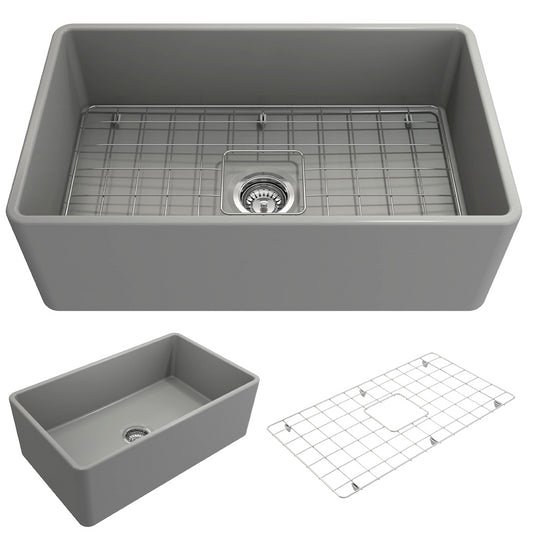 Farmhouse Apron Front Fireclay 30 in. Single Bowl Kitchen Sink with Protective Bottom Grid and Strainer in Matte Gray