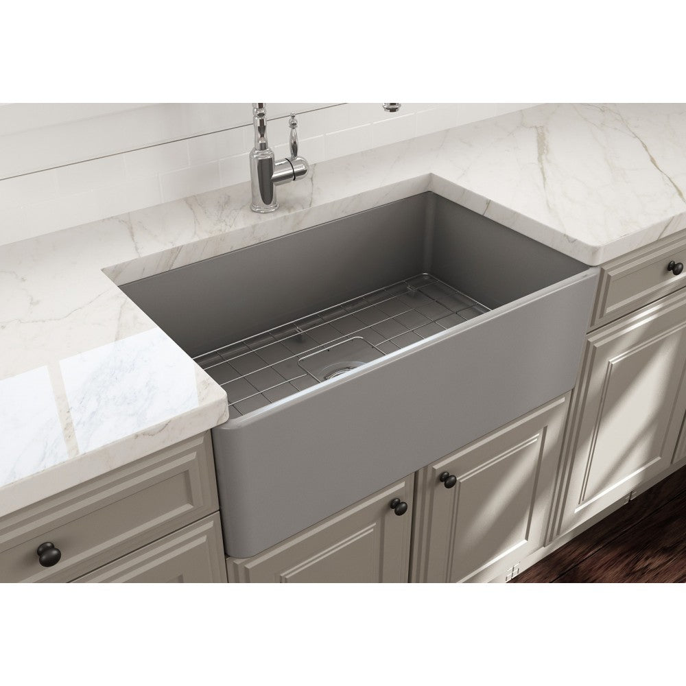 Farmhouse Apron Front Fireclay 30 in. Single Bowl Kitchen Sink with Protective Bottom Grid and Strainer in Matte Gray