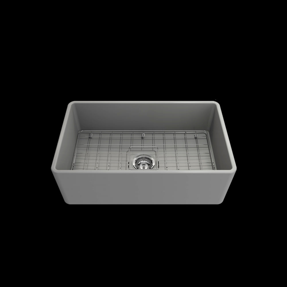 Farmhouse Apron Front Fireclay 30 in. Single Bowl Kitchen Sink with Protective Bottom Grid and Strainer in Matte Gray
