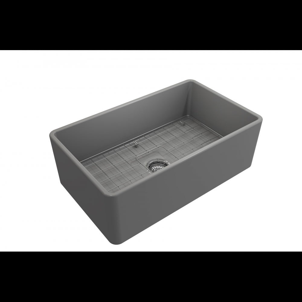 Farmhouse Apron Front Fireclay 30 in. Single Bowl Kitchen Sink with Protective Bottom Grid and Strainer in Matte Gray