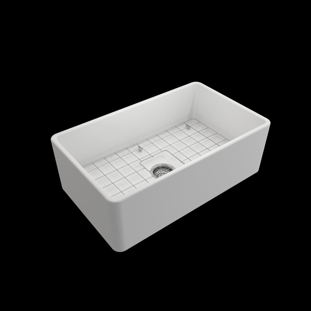 Farmhouse Apron Front Fireclay 30 in. Single Bowl Kitchen Sink with Protective Bottom Grid and Strainer in Matte White