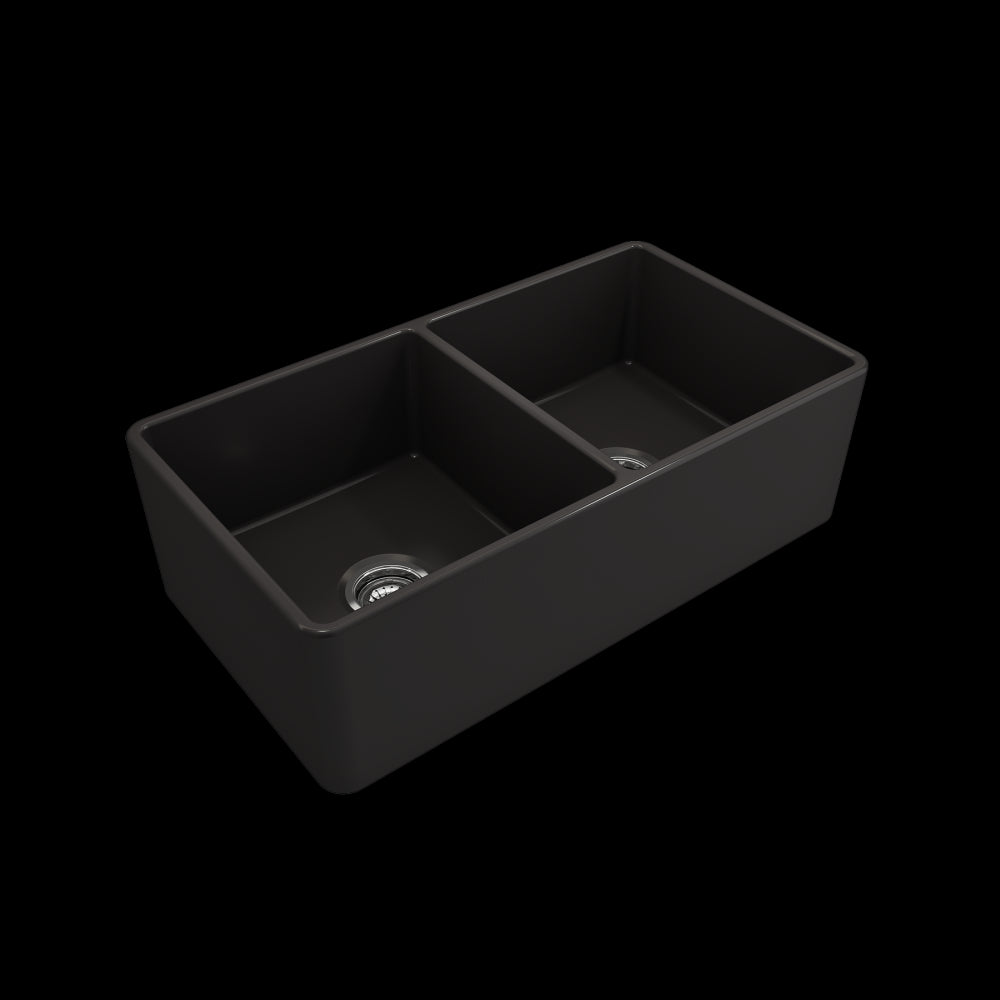 Farmhouse Apron Front Fireclay 33 in. Double Bowl Kitchen Sink with Protective Bottom Grids and Strainers in Matte Black