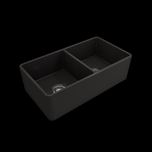 Farmhouse Apron Front Fireclay 33 in. Double Bowl Kitchen Sink with Protective Bottom Grids and Strainers in Matte Black
