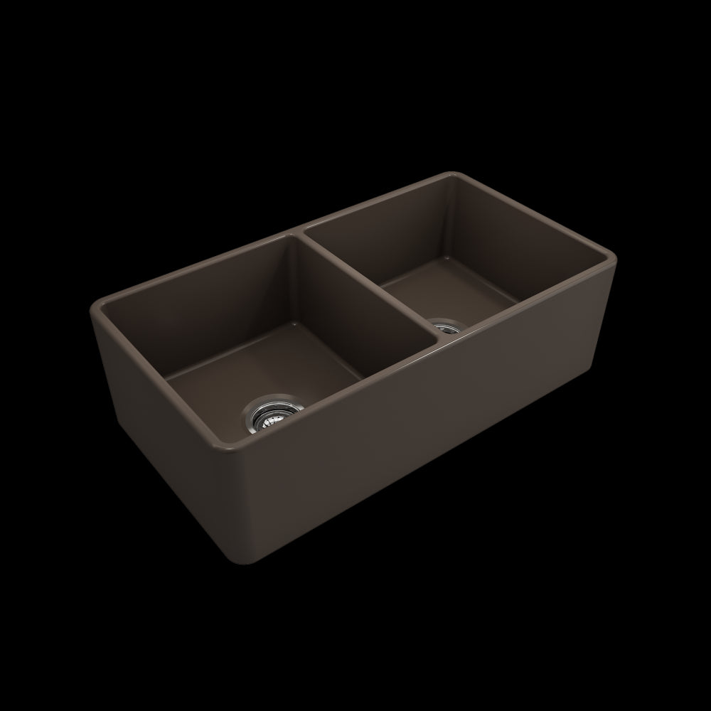 Farmhouse Apron Front Fireclay 33 in. Double Bowl Kitchen Sink with Protective Bottom Grids and Strainers in Matte Brown