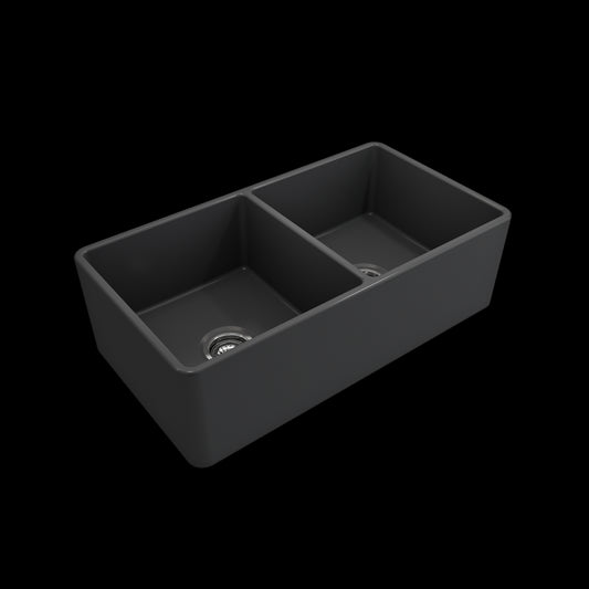 Farmhouse Apron Front Fireclay 33 in. Double Bowl Kitchen Sink with Protective Bottom Grids and Strainers in Matte Dark Gray