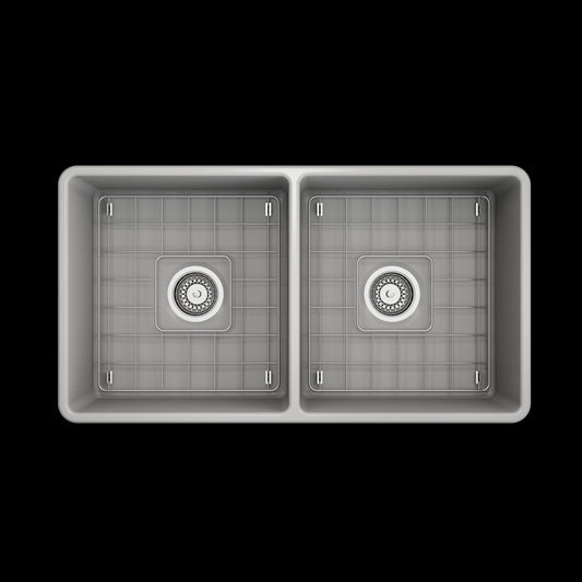 Farmhouse Apron Front Fireclay 33 in. Double Bowl Kitchen Sink with Protective Bottom Grids and Strainers in Matte Gray