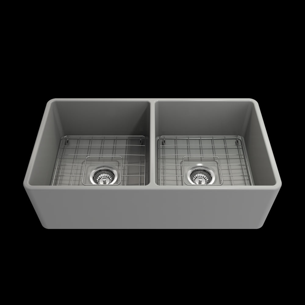 Farmhouse Apron Front Fireclay 33 in. Double Bowl Kitchen Sink with Protective Bottom Grids and Strainers in Matte Gray