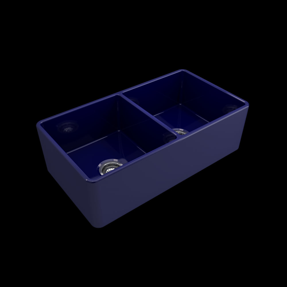 Farmhouse Apron Front Fireclay 33 in. Double Bowl Kitchen Sink with Protective Bottom Grids and Strainers in Sapphire Blue