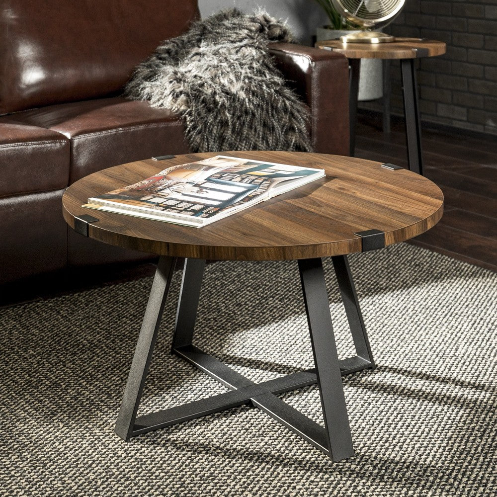 Faux Wrap Leg Urban Industrial Round Coffee Table - Dark Walnut/Black
