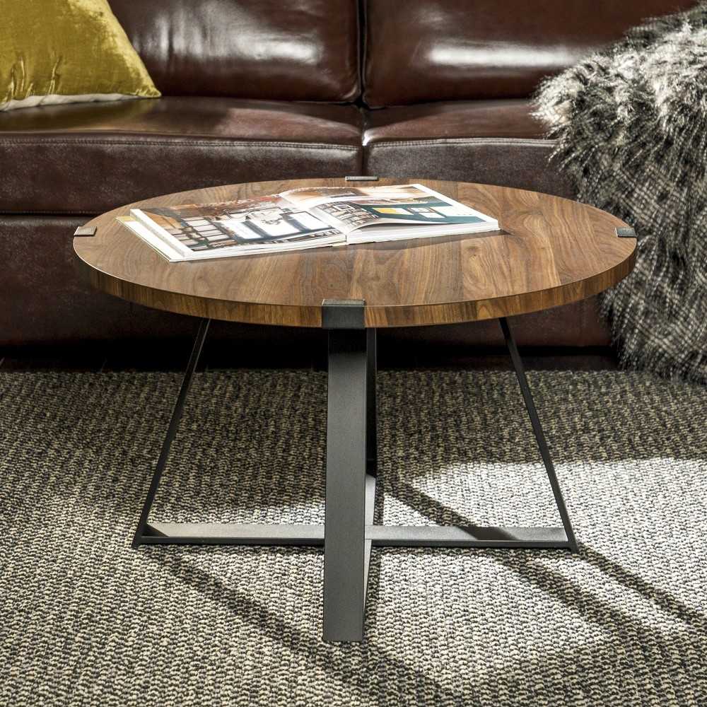 Faux Wrap Leg Urban Industrial Round Coffee Table - Dark Walnut/Black