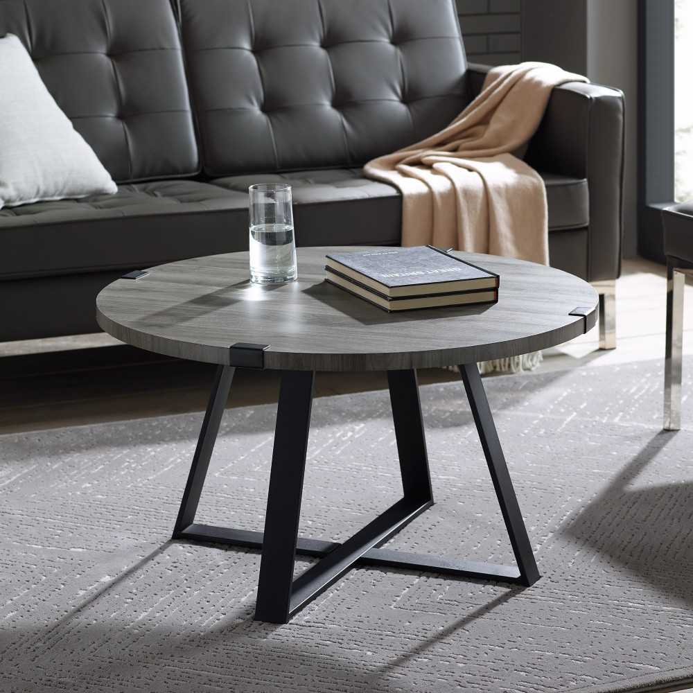 Faux Wrap Leg Urban Industrial Round Coffee Table - Slate Gray/Black