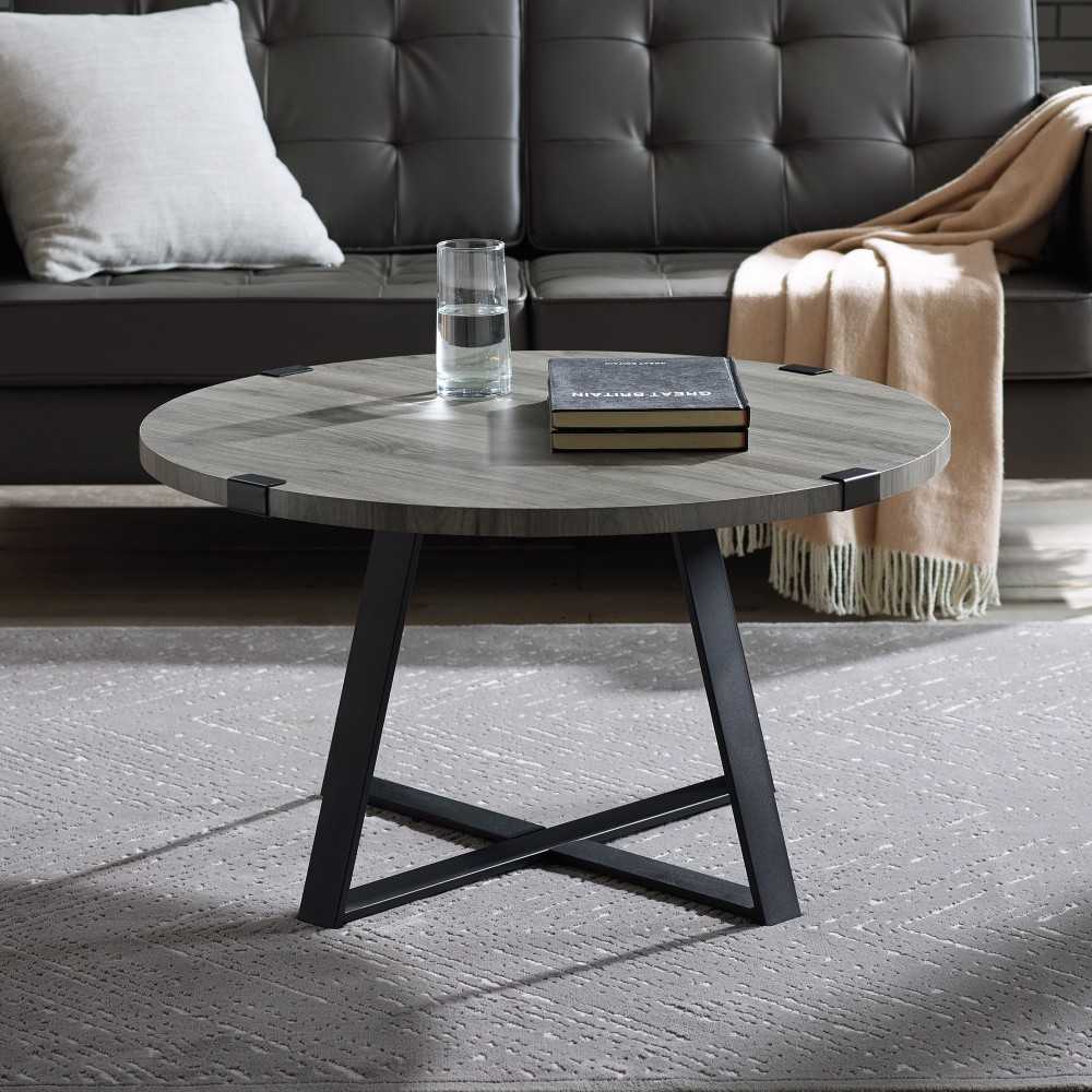 Faux Wrap Leg Urban Industrial Round Coffee Table - Slate Gray/Black