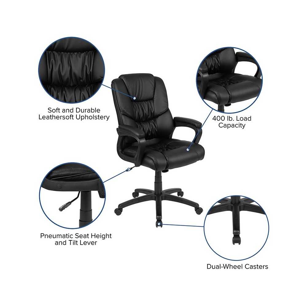 Flash Fundamentals Big & Tall 400 lb. Rated Black LeatherSoft Swivel Office Chair with Padded Arms, BIFMA Certified