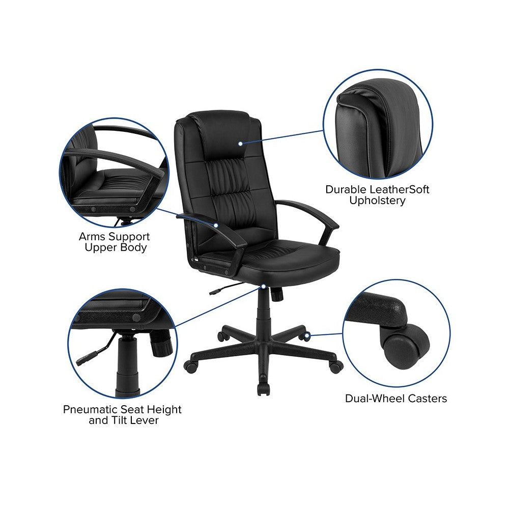 Flash Fundamentals High Back Black LeatherSoft-Padded Task Office Chair with Arms, BIFMA Certified