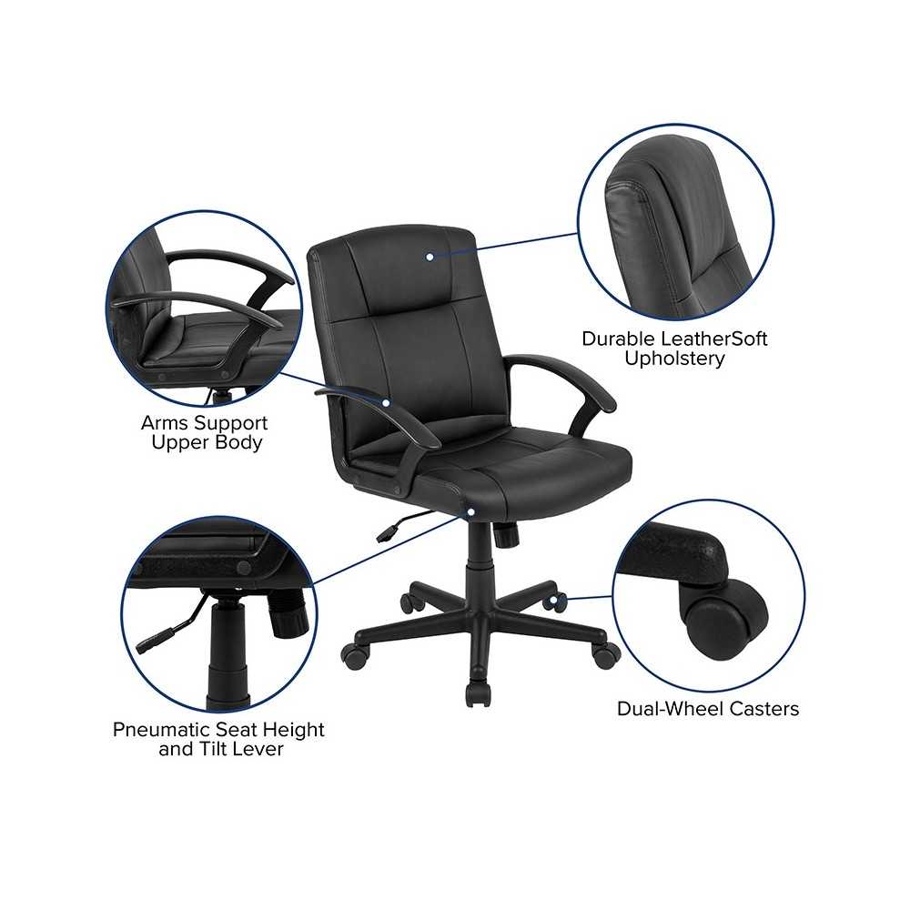 Flash Fundamentals Mid-Back Black LeatherSoft-Padded Task Office Chair with Arms, BIFMA Certified