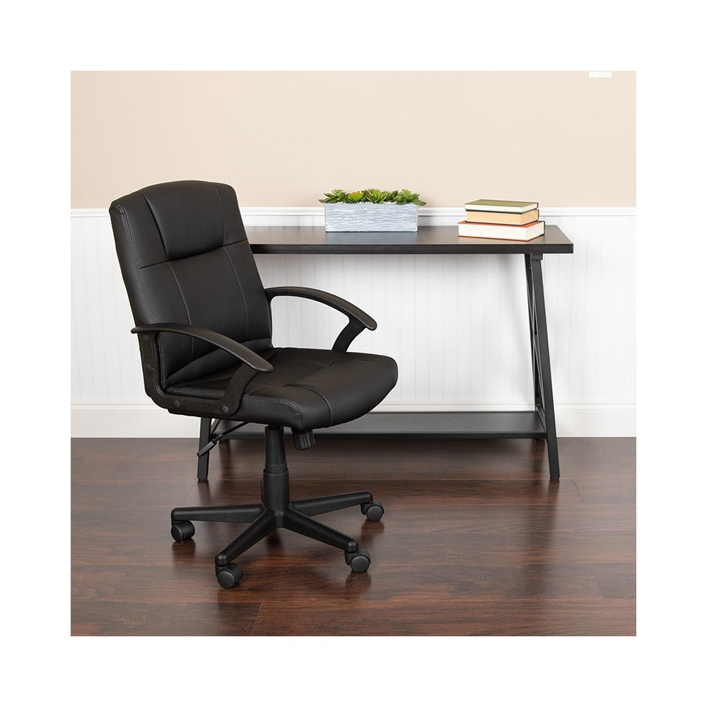 Flash Fundamentals Mid-Back Black LeatherSoft-Padded Task Office Chair with Arms, BIFMA Certified