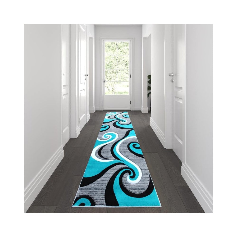 Flash Furniture Athos Collection 3x10 Turquoise Abstract Rug KP-RG952-310-TQ-GG