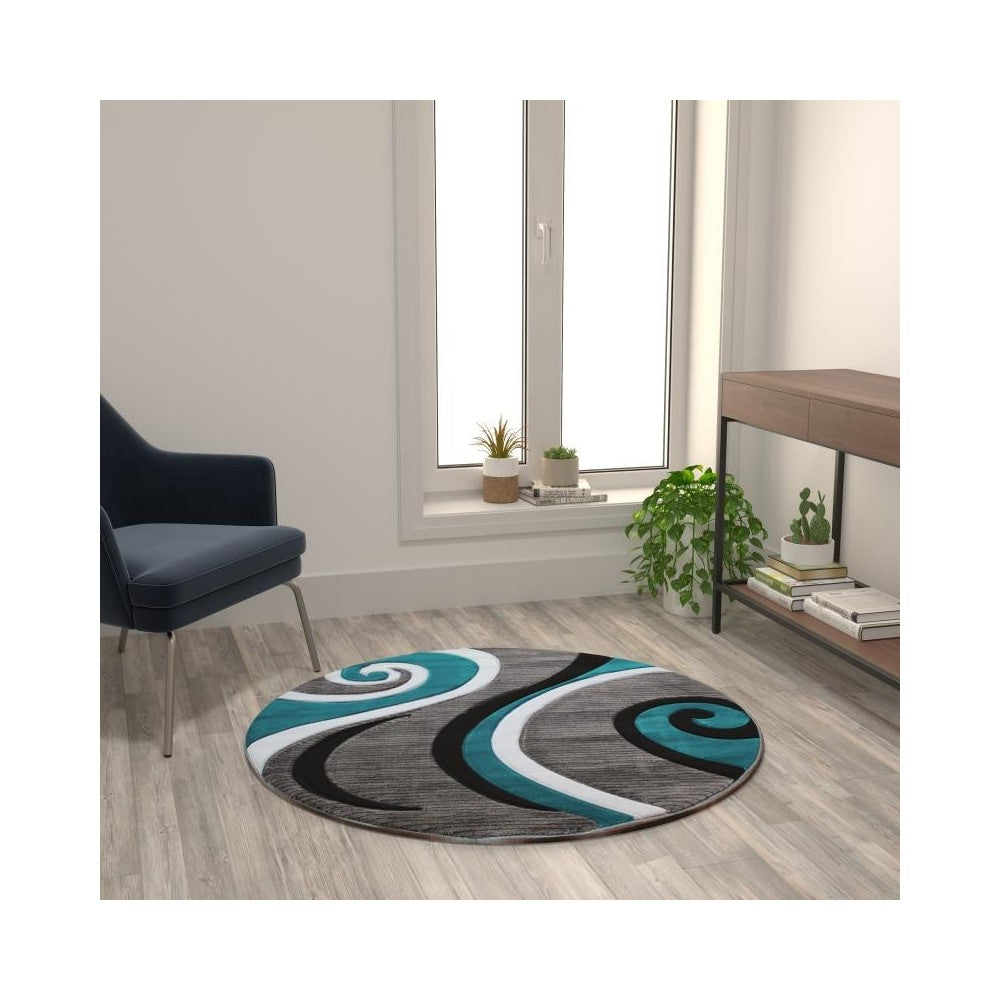 Flash Furniture Athos Collection 4x4 Turquoise Abstract Rug KP-RG952-44-TQ-GG