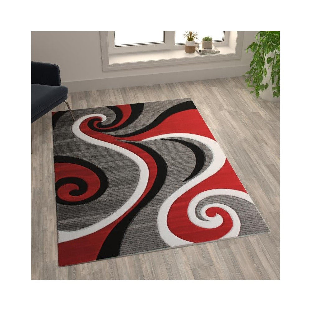 Flash Furniture Athos Collection 5x7 Red Abstract Rug KP-RG952-57-RD-GG