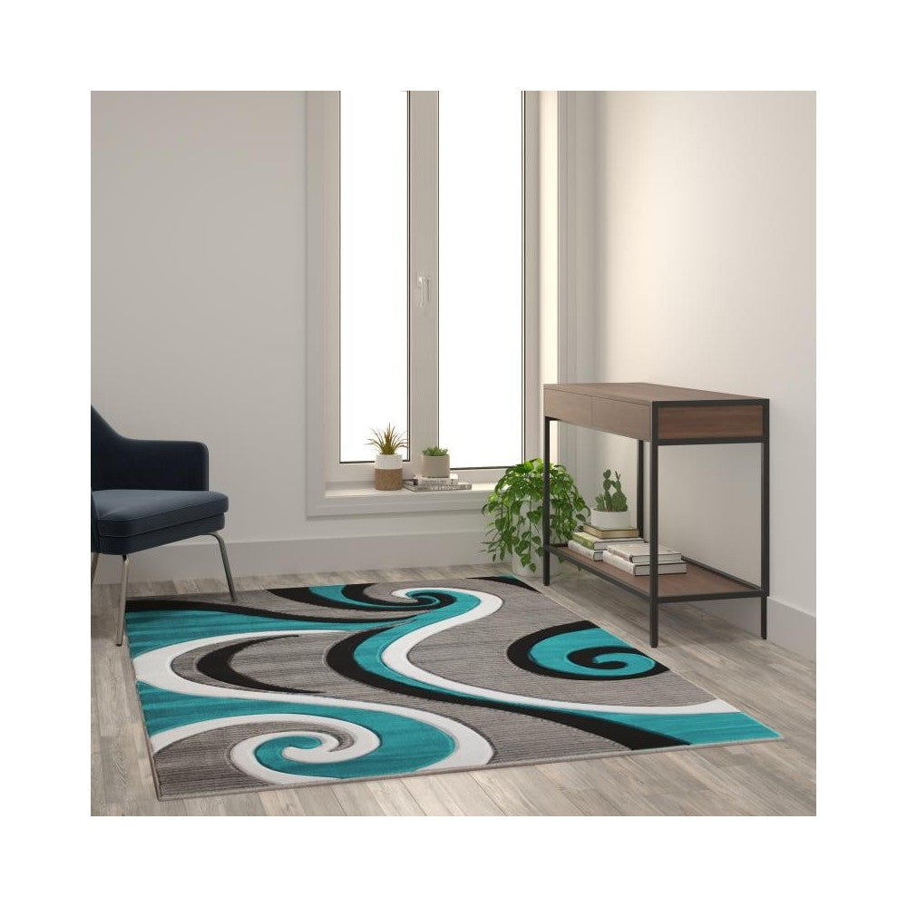 Flash Furniture Athos Collection 5x7 Turquoise Abstract Rug KP-RG952-57-TQ-GG