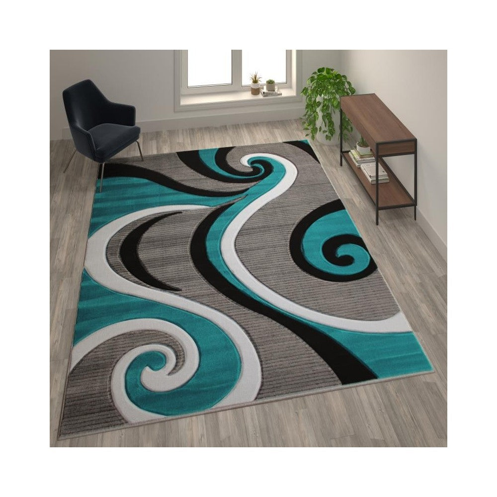 Flash Furniture Athos Collection 8x10 Turquoise Abstract Rug KP-RG952-810-TQ-GG