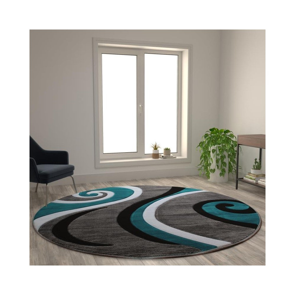 Flash Furniture Athos Collection 8x8 Turquoise Abstract Rug KP-RG952-88-TQ-GG