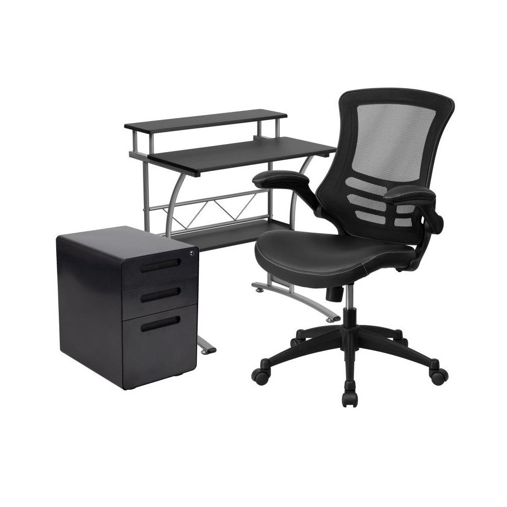 Flash Furniture Calder Black Desk, Chair, Cabinet Set BLN-CLIFAPX5L-BK-GG