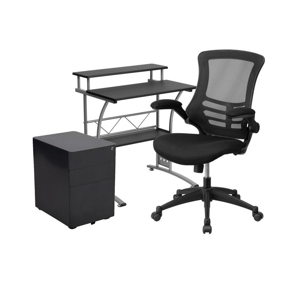 Flash Furniture Calder Black Desk, Chair, Cabinet Set BLN-CLIFCHPX5-BK-GG