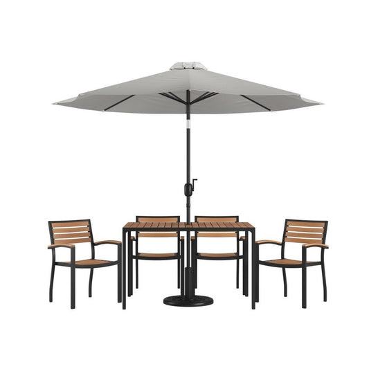 Flash Furniture Lark Table-4 Chair-Umbrella & Base XU-DG-304860064-UB19BGY-GG