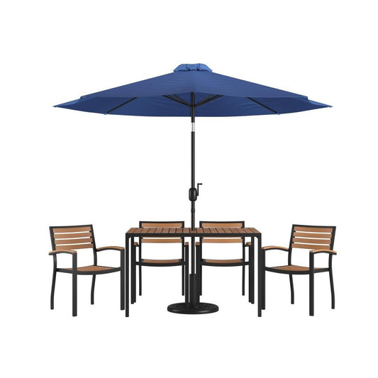 Flash Furniture Lark Table-4 Chair-Umbrella & Base XU-DG-304860064-UB19BNV-GG