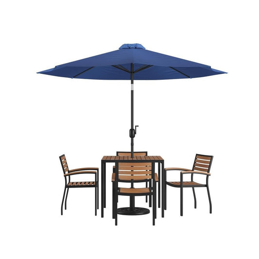 Flash Furniture Lark Table-4 Chair-Umbrella & Base XU-DG-810060064-UB19BNV-GG