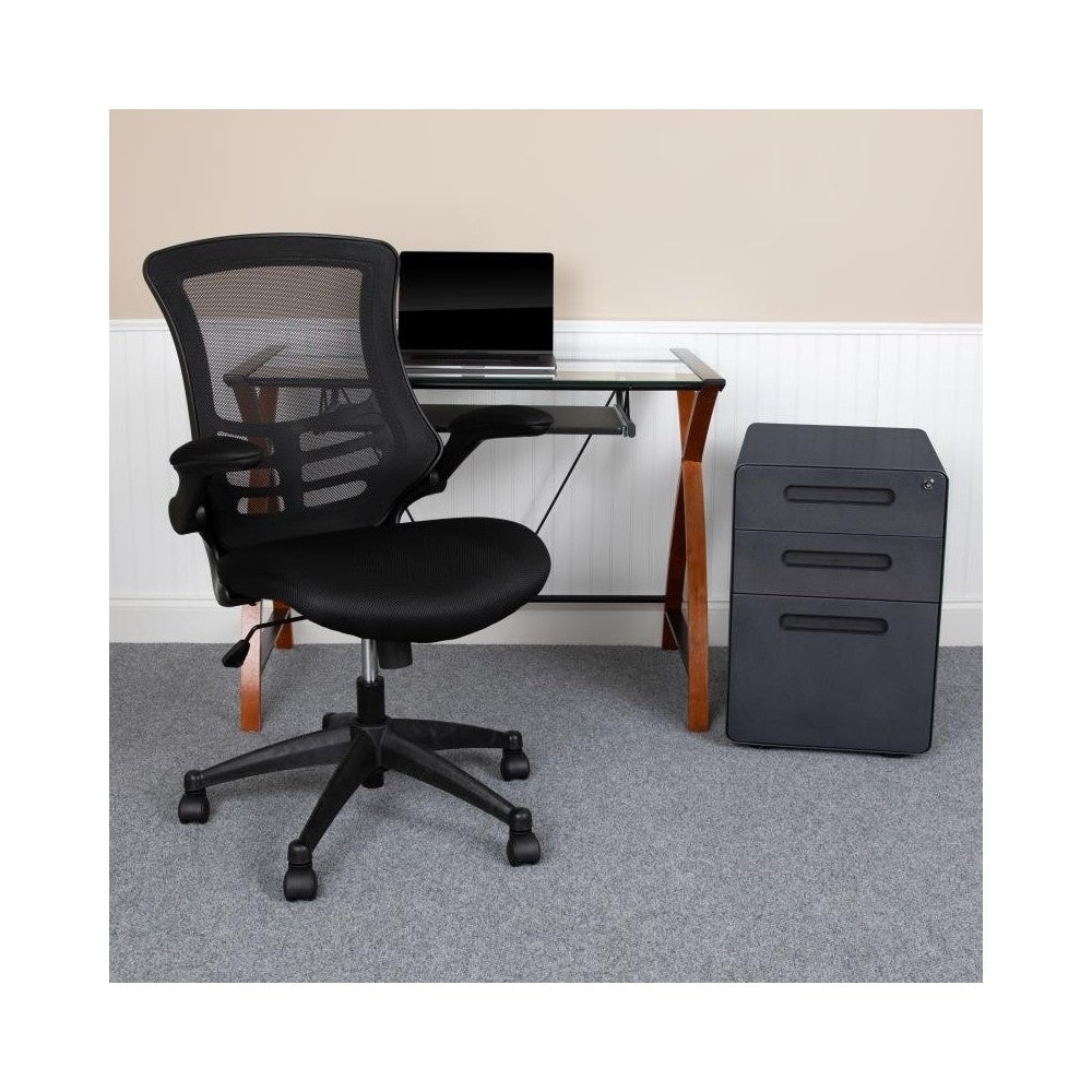 Flash Furniture Stiles Glass Desk, Chair, Cabinet Set BLN-NAN28APX5-BK-GG