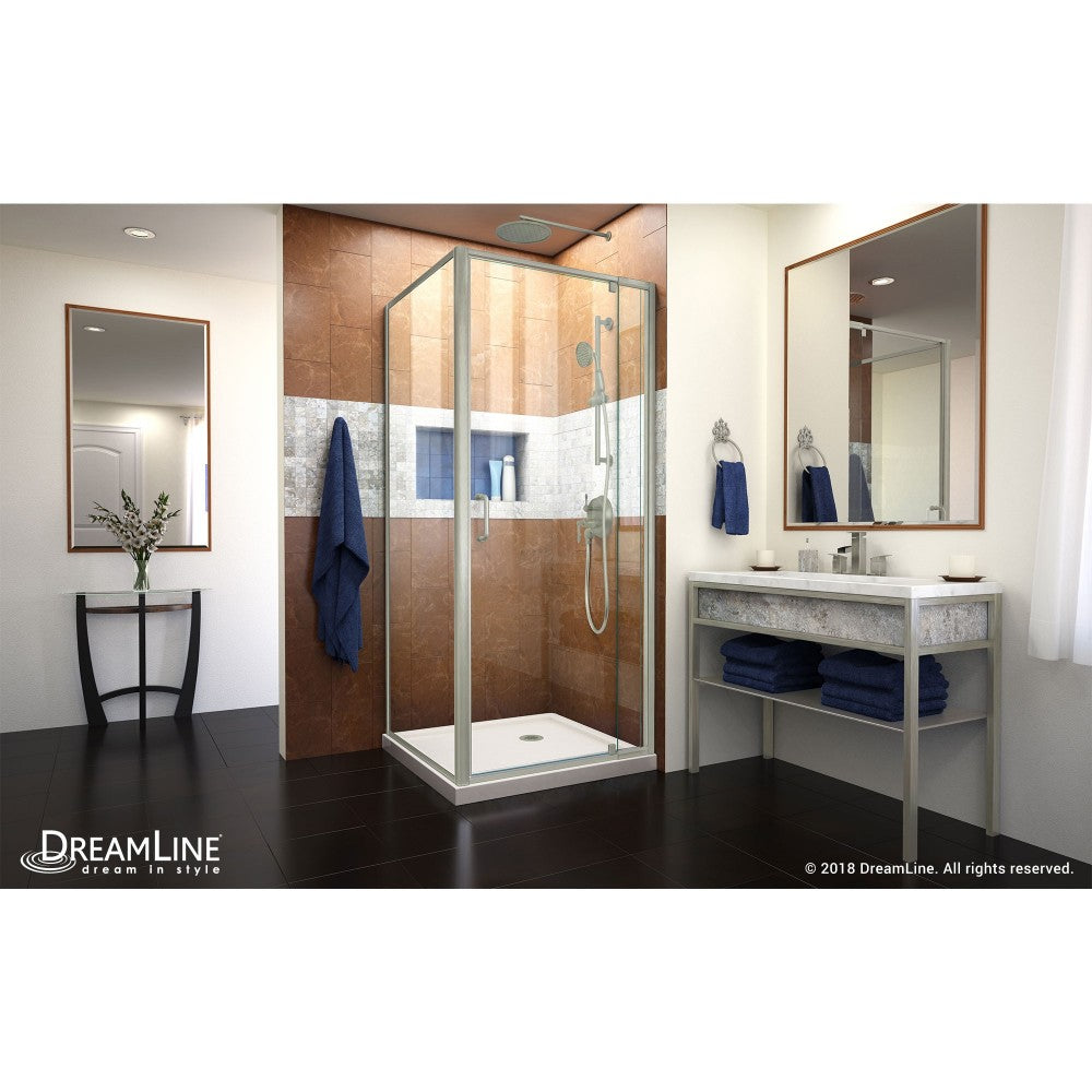 Flex 32 in. D x 32 in. W x 74 3/4 in. H Semi-Frameless Pivot Shower Enclosure in Brushed Nickel and Biscuit Base Kit