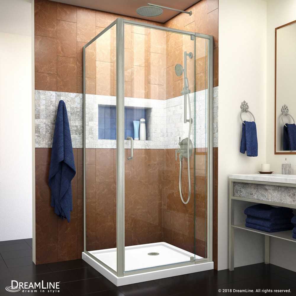 Flex 32 in. D x 32 in. W x 74 3/4 in. H Semi-Frameless Pivot Shower Enclosure in Brushed Nickel and White Base Kit