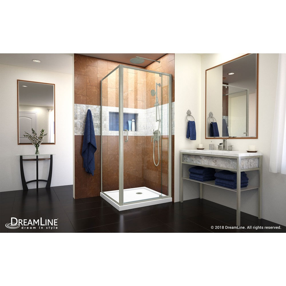 Flex 32 in. D x 32 in. W x 74 3/4 in. H Semi-Frameless Pivot Shower Enclosure in Brushed Nickel and White Base Kit