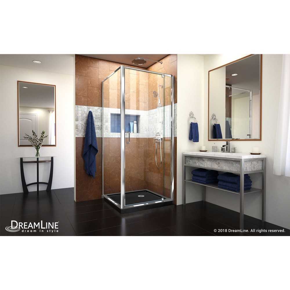 Flex 32 in. D x 32 in. W x 74 3/4 in. H Semi-Frameless Pivot Shower Enclosure in Chrome with Corner Drain Black Base