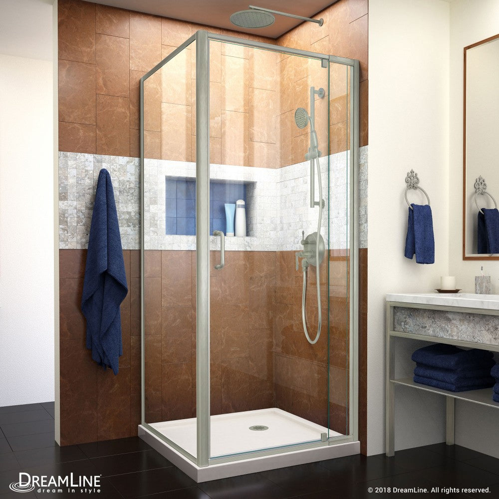 Flex 36 in. D x 36 in. W x 74 3/4 in. H Semi-Frameless Pivot Shower Enclosure in Brushed Nickel and Biscuit Base Kit