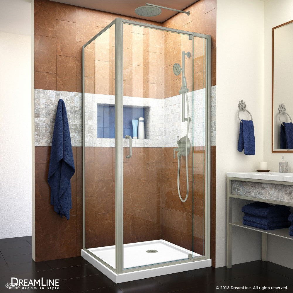 Flex 36 in. D x 36 in. W x 74 3/4 in. H Semi-Frameless Pivot Shower Enclosure in Brushed Nickel and White Base Kit