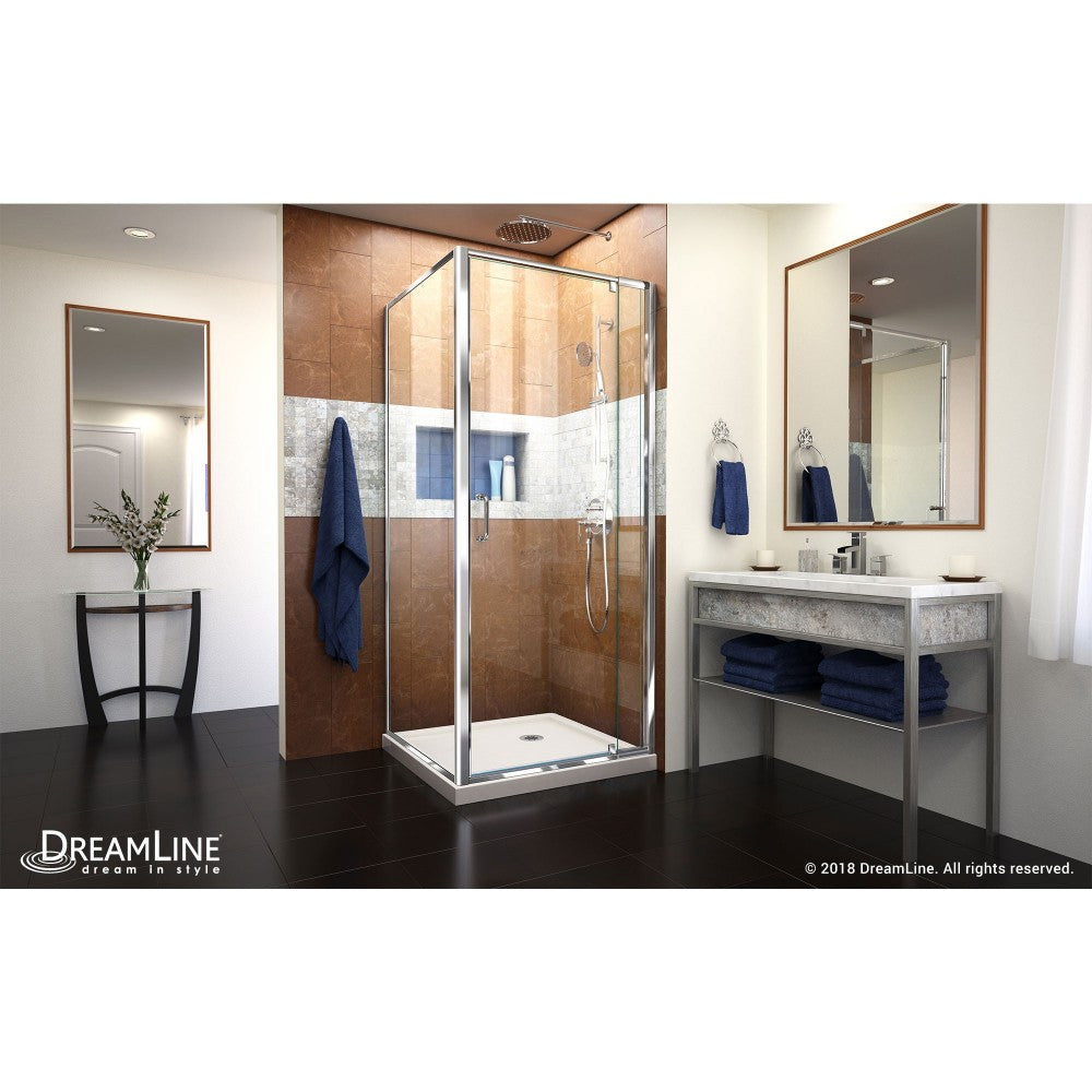 Flex 36 in. D x 36 in. W x 74 3/4 in. H Semi-Frameless Pivot Shower Enclosure in Chrome with Corner Drain Biscuit Base